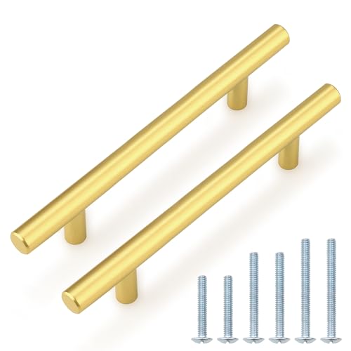 Probrico 5 Pack 5 Inch Center-to-Center Kitchen Cabinet Pulls T Bar Gold Cabinet Handles Modern Drawer Hardware Dresser Pulls, 7-1/2 inch Total Length - color: Gold, size: hole center 5"