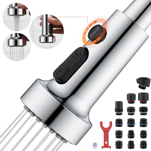 TIORIY Kitchen Faucet Spray Head Replacement with 15 Adapters, Plastic Spray Nozzle for Kitchen Faucet 3 Modes, Compatible with American Standard Faucets, Pause Mode (Chrome) - color: Chrome, style: Pause