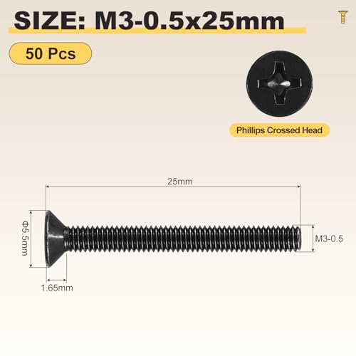 METALLIXITY M3-0.5x25mm Phillips Flat Head Bolts 304 Black 50Pcs - color: Black, size: M3-0.5x25mm