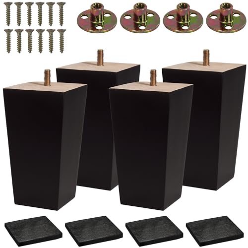 BARIEN (5 Sizes: 3"- 4"- 5"- 6"- 8") Set of 4 Wood Furniture Legs - Square Sofa Legs, Couch Leg - Brown Mid-Century Modern Replacement Legs for Armchair Recliner Coffee Table Dresser (5") - size: 5"