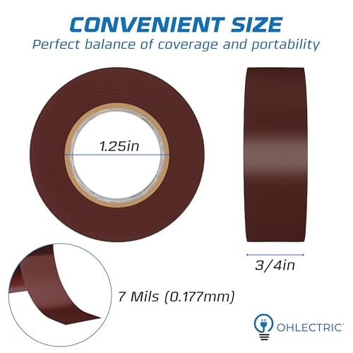OHLECTRIC Professional Grade Vinyl Electrical Tape (1 Pack) Brown - 7 Mil Thick Flame-Retardant, Heat & Weather Resistant 3/4 Inch x 60 Feet | Ideal for Contractors & Electricians - size: 1 Roll, style: Brown
