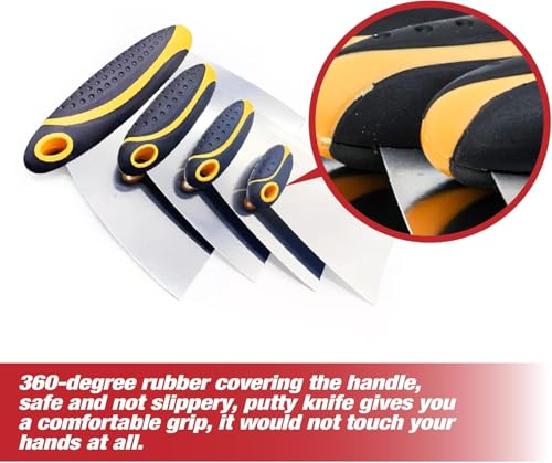 4-Piece Set of Stainless Steel Body Filler and Putty Spreaders/Scraper Set with Handles - Sizes: 2", 3", 4" and 6" | Repairing Drywall, Removing Wallpaper, Applying Putty, Plaster, Cement, Adhesive