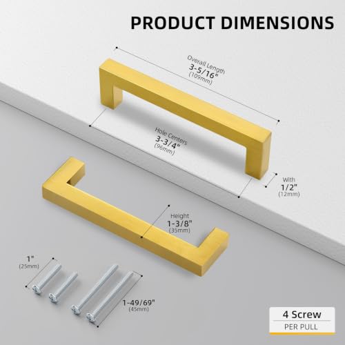 Goldenwarm 5 Pack 3-3/4 in Gold Cabinet Handles Square Drawer Pulls - color: Gold, size: 3 3/4 Inch Hole Center