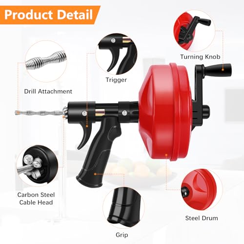 35 FT Double Mode Drain Snake Tools, 14-in-1 Drain Auger | Sink and Drain Unblocking, Plumbing Snake for Kitchen, Bathrom and Shower Sink, Snake for Real DYIs【Upgraded】 - color: 35ft-n-red&black