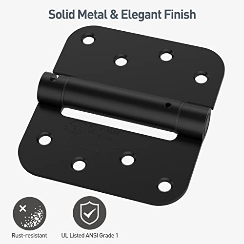 HOSOM 4 Pack Self Closing Door Hinges 4 Inch Spring Loaded Hinges with 5/8'' Radius Corners Matte Black Spring Hinges Self Closing, Adjustable Tension for Garage, Front Door, Back Door, UL Listed - color: Matte Black-5/8'', size: 4" 4 Pack