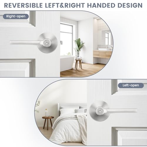 Satin Nickel Interior Door Handle with Lock,Brush Nickel Privacy Door Lever for Bedroom or Bathroom,Keyless Round Door Lock Interior for Left and Right Hand Reversible,6Pack - color: Satin Nickel, size: Privacy