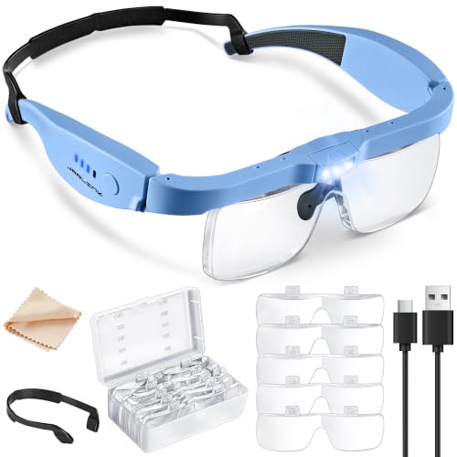 JARLINK Magnifying Glass with Light, 5 Lenses, Rechargeable Headset - color: Blue