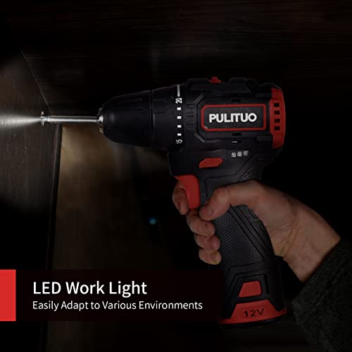 PULITUO Brushless Electric Drill Set,[Brushless Motor],12V Power Drill 310 In-lb Torque, 20+1 Clutch, 3/8" Keyless Chuck,45min Fast Charger, 2 Speed, LED Light for Home and DIY Project - color: 75933-red