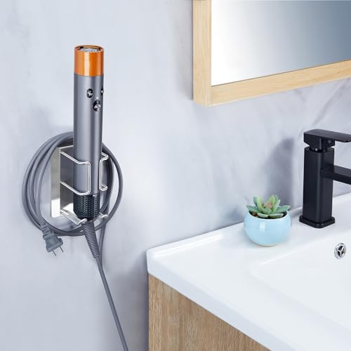 Hair Dryer and Straightener Holder Wall Mounted, Curling Iron Holder Adhesive, Blow Dryer Holder Wall, Bathroom Hair Tool Organizer for Flat Irons,Curling Wands,Styling Tools (Silver, 1Pc)