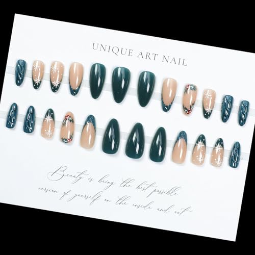 LPOODDNU Christmas Press on Nails Almond - Green French Tip Medium Fake Nails with Snowflake Designs, Glossy Finished Reusable False Nails with Adhesive Glue Tabs - 24Pcs Nail Kit for Women Manicure - color: green french christmas