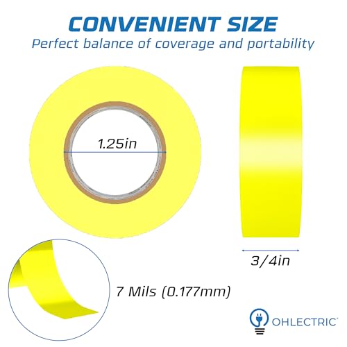 OHLECTRIC Professional Grade Vinyl Electrical Tape (10 Pack) Yellow - 7 Mil Thick Flame-Retardant, Heat & Weather Resistant 3/4 Inch x 60 Feet | Ideal for Contractors & Electricians - size: 10 Roll, style: Yellow