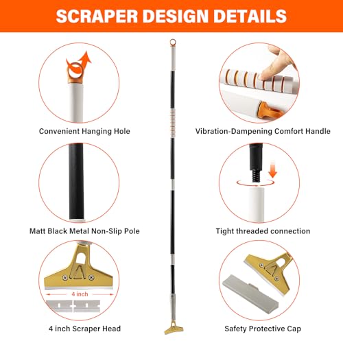 Gomake 4" Wide Razor Blade Scraper Tool with Adjustable 16''-58"(1.3ft -4.8ft) Long Handle, 20PCS Extra Metal Blades, Cleaning Glass Wall Scraper, Painting stripping tools, Tile, Floors, Walls