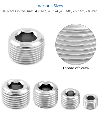 QWORK 304 Stainless Steel Pipe Fitting Kit Hex Countersunk Plug Assortment Set with NPT Male Thread 16 Pcs