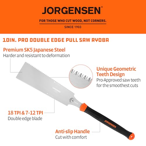 JORGENSEN Japanese Pull Saw, 10 Inch Pro Double Edge Hand Saw - SK5 Flexible Replaceable Blade, 7-12 & 18 TPI Flush Cut Blade, Japanese Handsaw for Hardwood & Softwood Woodworking, Wood Trim