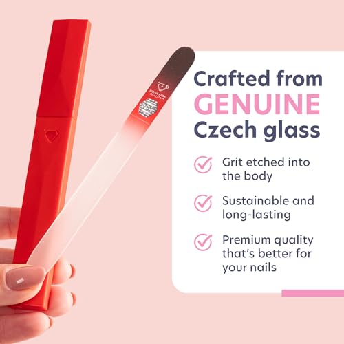 Bona Fide Beauty Czech Glass Nail File for Natural Nails (Black Red) | Crystal nail file for natural nails, etched glass file made in Czech Republic, improve nails, includes red protective case - color: Black/Red