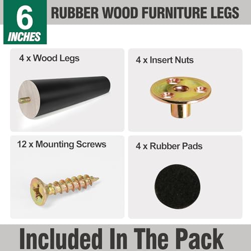 FoDau770 Rubber Wood Legs 6", Straight Taper, 5/16"-18 Thread, Black, 4pcs | Wood Couch legs - Mid Century Sofa Legs - Furniture legs Replacement for Cabinet Dresser Chair Ottoman - color: Black, size: 6 Inch - Straight (90°)