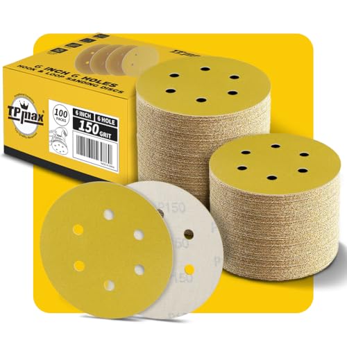 100PCS 6 Inch 150 Grit 150mm 6 Hole Sanding Discs Sandpaper - Premium Gold Round Hook and Loop for Random Orbital Sander - Ideal for Wood, Metal, Automotive - style: 150 Grit - 100 Pack