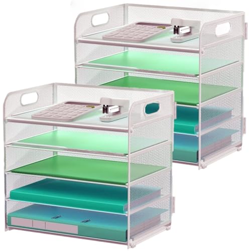 2 Pack Letter Tray 5-Tier Desk Organizer File Paper Holder with Handle, Metal Desktop Document Shelf Tray Office Classroom Organization - Silver - color: Silver