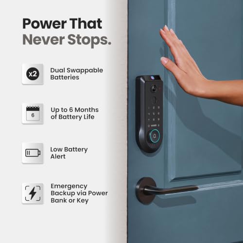 Lockin Veno Pro Smart Deadbolt Lock with Dual Swappable Batteries for 6-Month Extended Power, Palm Vein & Fingerprint Keyless Entry, Built-in Wi-Fi, Doorbell, App Remote Control, IP65 Waterproof - size: Dual Batteries, style: Palm Vein+32G Local Storage