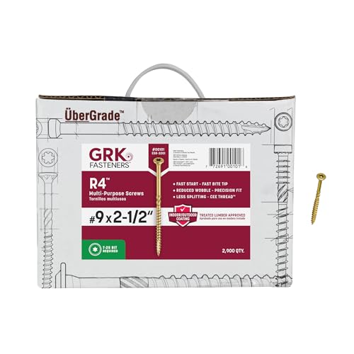 GRK Fasteners R4#9 x 2-1/2 Inch, Multi-Purpose Framing Screws, 2900 PCS, Rust Resistant Climatek Coating, Outdoor Fencing and Deck Screws, Fast Bite Tip, Star Drive Recess, Gold - size: #9x2-1/2" 2900 count