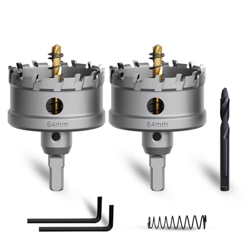 Metal Hole Saw 2-1/2''(64mm) 2Pcs Set Heavy Duty Tungsten Carbide Tipped Hole Cutters Set with a nitrided Step Drill and L-flench, for Steel Iron,Aluminum,Stainless stell,Plastic - size: 1/2''(64mm)-2PCS