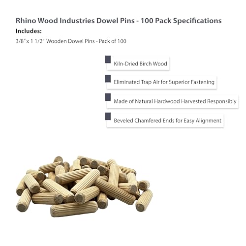 3/8" x 1-1/2" Wooden Dowel Pins, 100-Pack – Kiln-Dried Birch, Fluted & Beveled (3/8" x 1 1/2", 100pk) - size: 3/8" x 1 1/2"