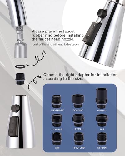 Metal Kitchen Faucet Spray Head Replacement 3 Modes with 9 Adapters - color: Chrome