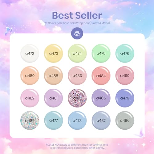 Beetles Gel Nail Polish Set with Base Glossy Matte Top Coat Macaron Gel | 20 Colors Pastel Pink Purple Blue Yellow Glitter Shades with Soak-Off UV LED Formula for DIY Nail Art - color: Pastel Paradise