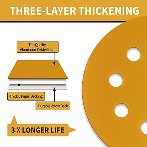 100 Pcs 5 Inch Sanding Discs Hook and Loop, 8 Hole Gold Premium 800 Grit Dustless Random Orbit Sandpaper for Woodworking or Automotive - style: 800 Grit-100 Discs
