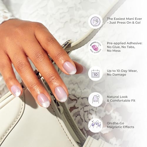 Kiss colorFX by Impress Press On Nails, Walk Out, 30 No Glue Peel and Stick Nails Kit with IMPROVED Adhesive, Pink Short Oval Pearlescent Effect, Includes Prep Pad, Manicure Stick & Mini File