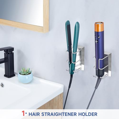 Hair Dryer and Straightener Holder Wall Mounted, Curling Iron Holder Adhesive, Blow Dryer Holder Wall, Bathroom Hair Tool Organizer for Flat Irons,Curling Wands,Styling Tools (Silver, 1Pc)