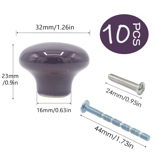 10-Pack Ceramic Cabinet Knobs Dark Purple 32mm Round Drawer Pull - color: Dark Purple
