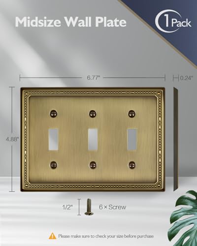 Switch Plates Outlet Covers, 1-Pack Antique Brass Metal Wall Plate - color: Antique Brass, size: 3 Toggle 1PK