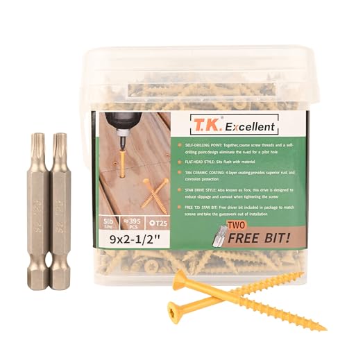 T.K.Excellent Deck Screws 2-1/2 Inch Wood Screws #9 x 2-1/2, 395 Pcs, Rust Resistant Tan Exterior Structural Screws, Torx Drive Screws, Two T25 Bits, Brilliant Yellow Ruspert Coating Rust Proof - size: #9×2-1/2
