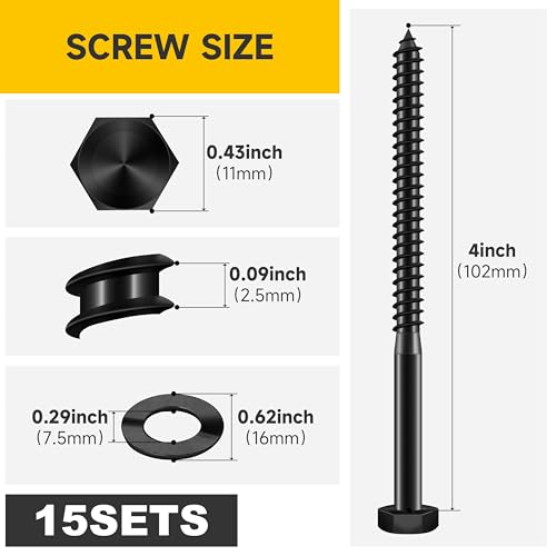 (15Sets) 1/4" x 4" Hex Head Lag Bolts, Heavy Duty Lag Screws with Washers, 304 Stainless Steel Bolts 18-8, Lag Screws Wood Screws, Fully Thread Black Oxide, 1/4 Bolt by Mywish - size: 1/4 x 4" (15 set)