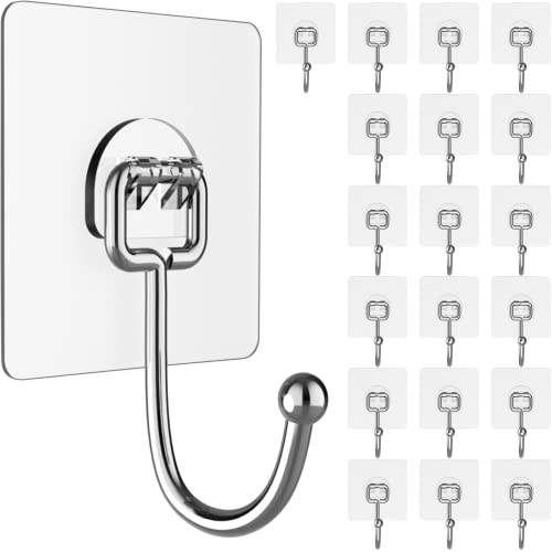 Large Adhesive Hooks for Hanging Heavy-Duty 44Ib(Max) 20 Packs, Wall Hangers without Nails Self-Adhesive Traceless Clear and Removable, Waterproof and Rustproof Multiple Uses for Bathroom Kitchen Home - size: 20 Large Hooks
