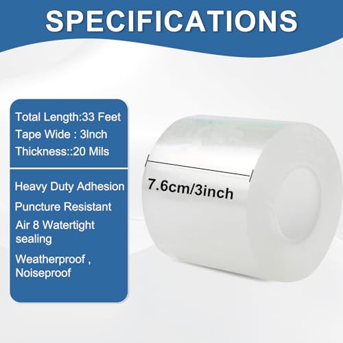Transparent Window Weather Sealing Tape 3IN x 33 FT Draft Isolation No Residue Removable Adhesive Waterproof Windows Doors Shower Glass AC Units Ideal for Winter Seal & Summer Cold Air Loss Prevention - size: 3 In x 33 FT