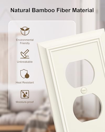 6-Pack Natural Bamboo Fiber Duplex Outlet Cover Plate, Durable Wall Plate - color: Light Almond, size: 1 Duplex 6PK
