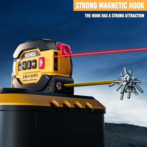 SENDA 3-in-1 Laser Tape Measure - 197Ft Digital Measuring Tape with Led Display&16Ft Measuring Tool with Magnetic Hook & Auto Lock - Pythagorean, Area, Volume, Ft/Ft+in/in/M Unit,AAA Battery*2, Yellow - color: Yellow(Battery Model), size: 197 FT