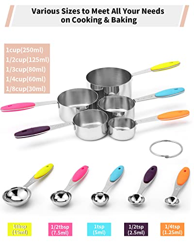 Joyhill Stainless Steel Measuring Cups and Spoons Set of 10 Piece, Nesting Metal Measuring Cups Set with Soft Touch Silicone Handles for Dry and Liquid Ingredients, Cooking & Baking (Colorful) - color: a)Stainless Steel-Colorful