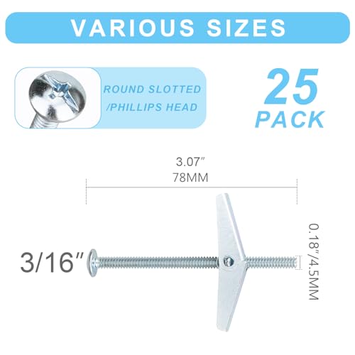 25 Pcs 3/16 Inch Toggle Bolts Heavy Duty Metal Drywall Anchors Kit - size: 3/16"-50pcs(25sets)