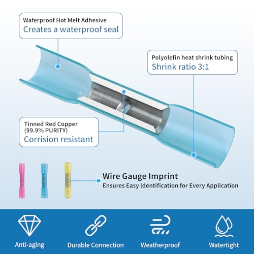 Heat Shrink Butt Connectors - 500Pcs 16-14 AWG Blue Waterproof Electrical Wire Connectors Automotive Marine Grade Wire Crimp Terminals Butt Splices for Cable,Boat,Home Electrical etc. - size: [16-14 AWG] x 500