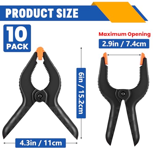 10 Pack 6 inch Plastic Spring Clamps, Black Heavy Duty Clips - size: 6in-10P