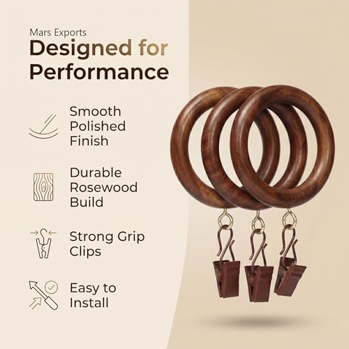 50 Pieces Large Wooden Drapery Curtain Rod Rings with Clips for 2 inch to 2.5 inch Rod Pole, 2.7 inch Inner Diameter, Natural Rosewood (50, 2.7 INCH Inner Dia) - size: 2.7 INCH Inner Dia