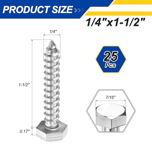 25 Pcs Hex Head Lag Screws 1/4" x1-1/2 SS 18-8 (304) Lag Bolts - color: Silver, size: 1/4"x1-1/2"