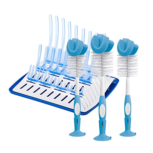 Dr. Brown's Baby Bottle Cleaning Brush with Sponge and Scrubber - Blue - 3pk and Universal Baby Bottle and Accessory Drying Rack - color: Blue Bottle Brush & Drying Rack, size: 3-Pack