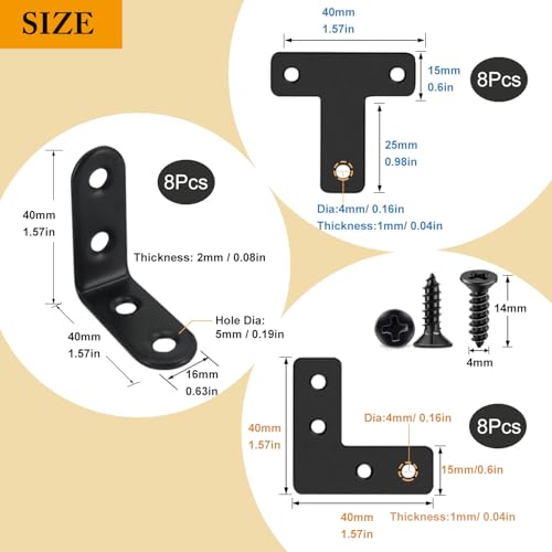 QSJ 24 Pack L Bracket Corner Brace Sets, 1.57x1.57 Inch Black Stainless Steel 90 Degree Right Angle Brackets Fastener L Braces with 88 Screws for Wood, Shelves, Furniture, Cabinet - size: 24Pcs Bracket Set (Flat T/L/Solid L)