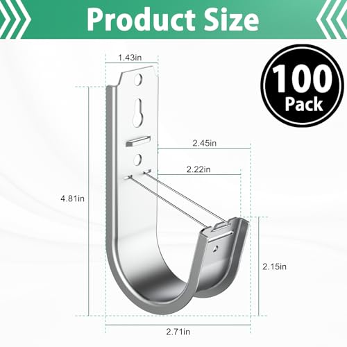 100 Pack 2 Inch Cable Support J Hook Wall Mount J Hook with Retainer Clip, Galvanized Steel for Cable Management & Organization Solution - size: 100 Pack-