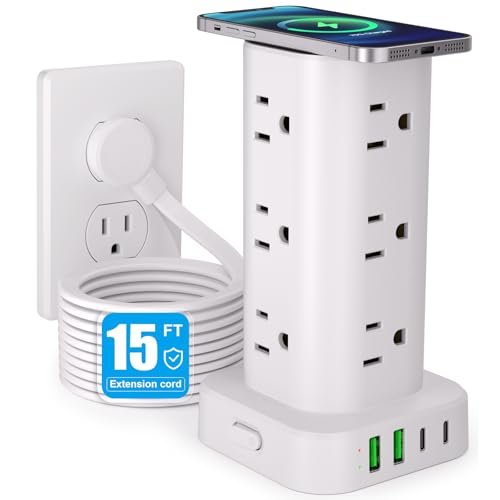 Power Strip Tower with Wireless Charger,Surge Protector with 12 Outlets - color: White, size: 15FT with Wireless Charging