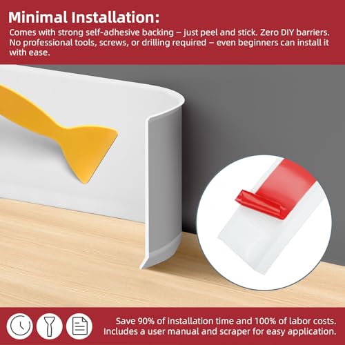 16.4Ft Vinyl Baseboard Molding Trim, Flexible Peel and Stick Wall Base with Self-Adhesive Backing, Waterproof Cove Base, Wall Protection & Floor Gap Covering, White (W:1.97'') - size: 16.4FT X 1.97 IN